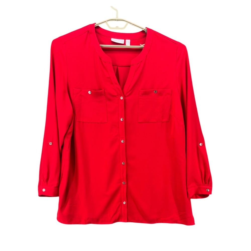 Susan Graver Womens Button Up Top Size 22W Roll Tab Sleeve Utility Pocket Casual